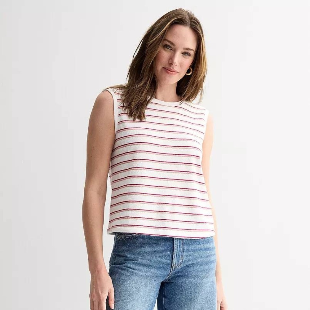 Sonoma Tank Top Nautical Striped White Pink Nubby Knit Sleeveless NWT‎ XXL